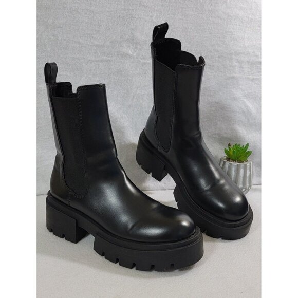 H&M Womens Black Leather Pull On Ankle Boots Chunky Heels Round Toe Size 39/8 - Picture 2 of 12